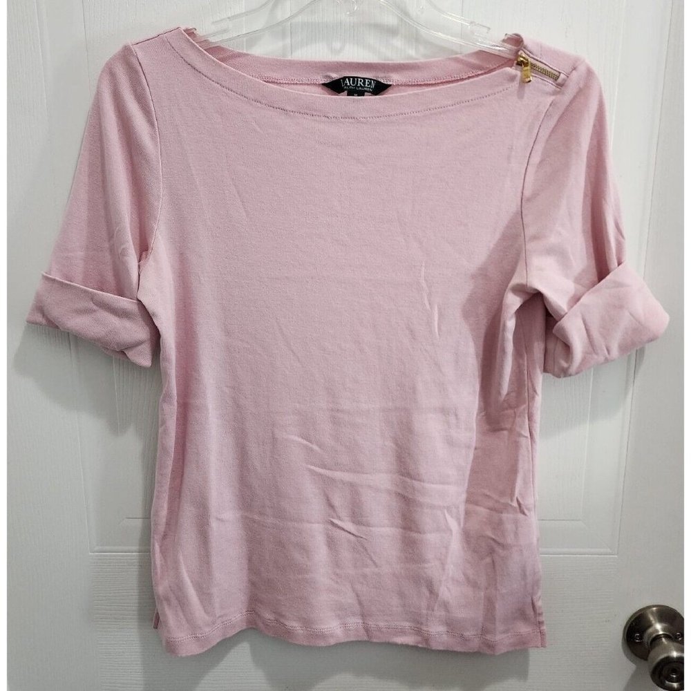 Lauren Ralph Lauren Women's Shirt Top Cuff Sleeve Boat Neck Zipper Accent Pink M